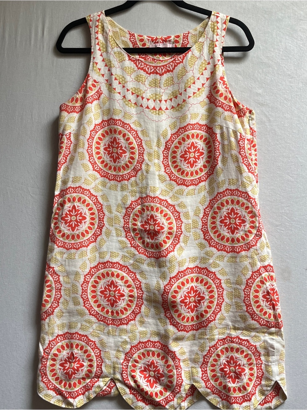 Calypso St Barth Medallion 100% Liinen Printed Scalloped Shift Dress Sz S